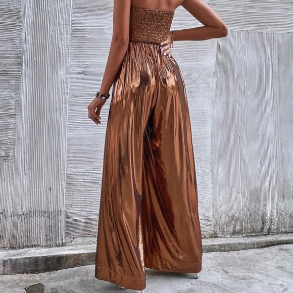 METALLIC BRONZE SHIRRED TUBE POCKETED JUMPSUIT TRENDING FALL ELEGANT PARTY - Picture 2 of 6
